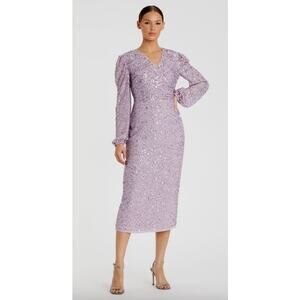 MAC DUGGAL Dress Size 6 Evening Gown Sequin NEW Purple Midi Puff Sleeve V Flaw